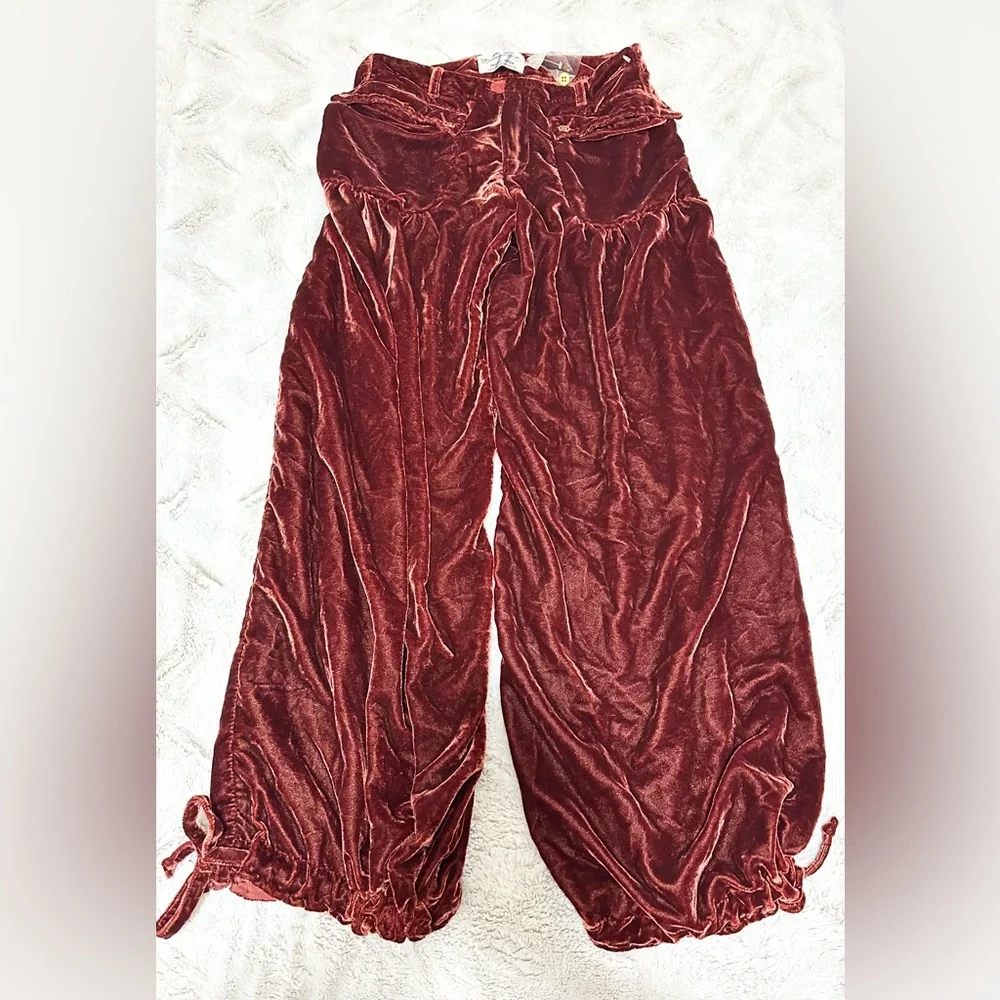 Free People Velvet Wide-Leg Pants in Deep Burgundy - Picture 2 of 5